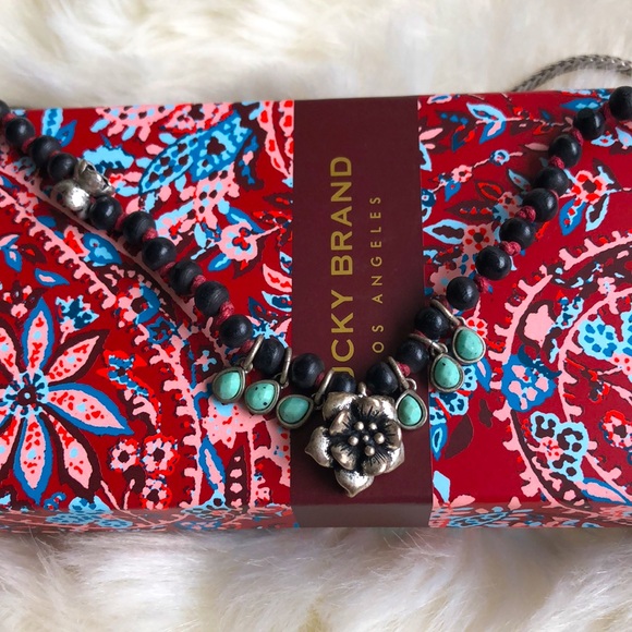 Lucky Brand Necklace With Silver Rose, Black Beads & Turquoise Accents - Picture 3 of 6